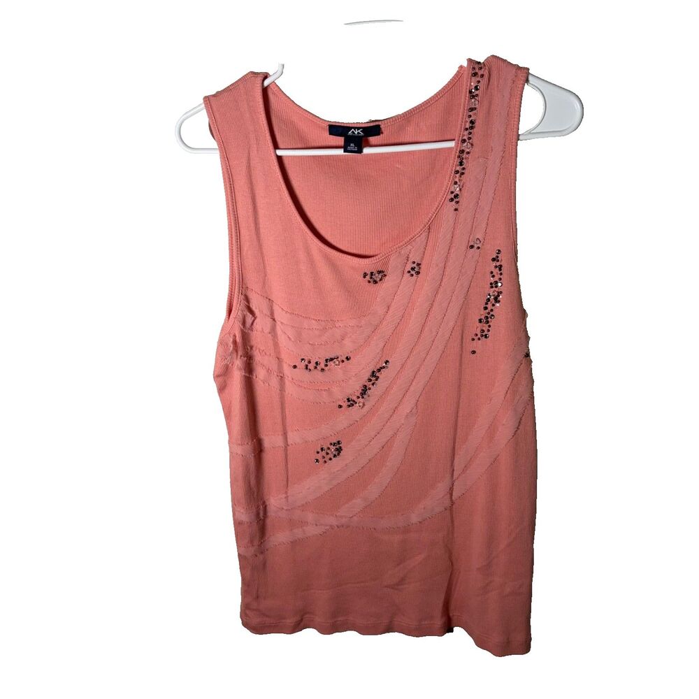 Anne Klein Tank Top Women's XL Pink Beaded Sleeveless Ribbed Casual Shirt